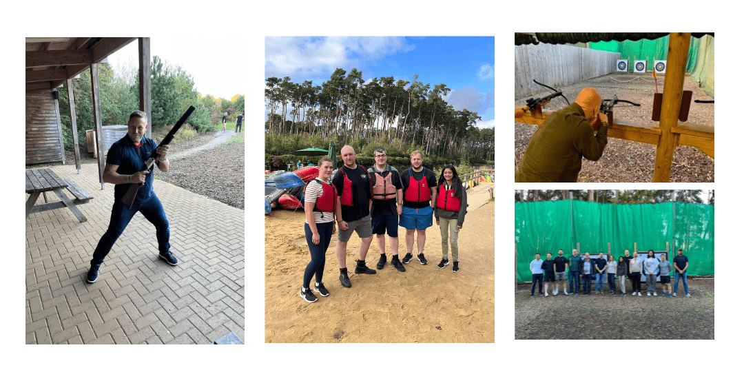 Four photographs of a man holding a laser clay rifle, people wearing life vests, someone firing a crossbow and a group standing by archery targets