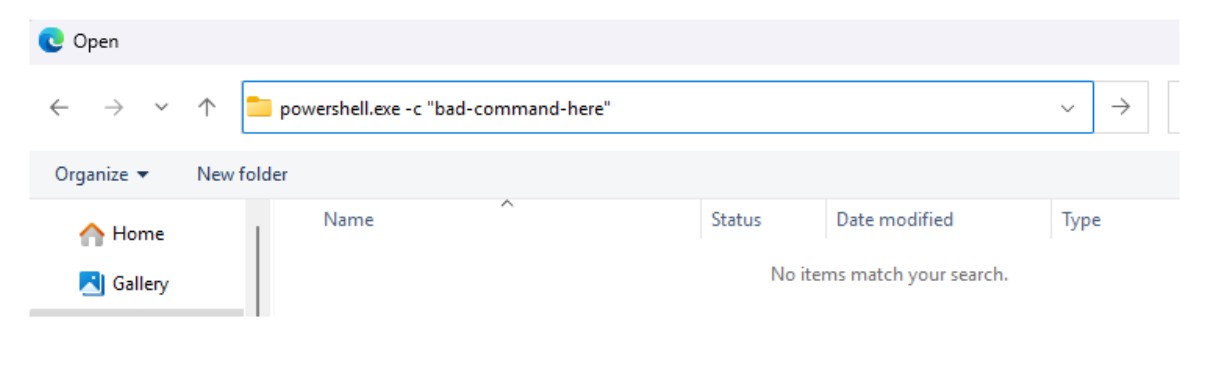 Figure 6: Malicious code is entered into the File Explorer window.