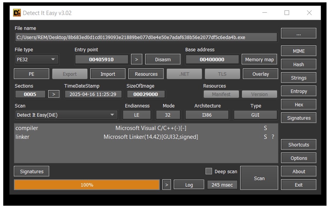 Figure 11. Detect It Easy file attributes of analysed sample
