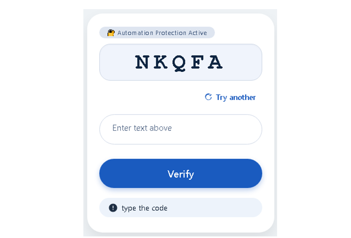 Figure 13 - Screenshot showing the CAPTCHA page hosted on the