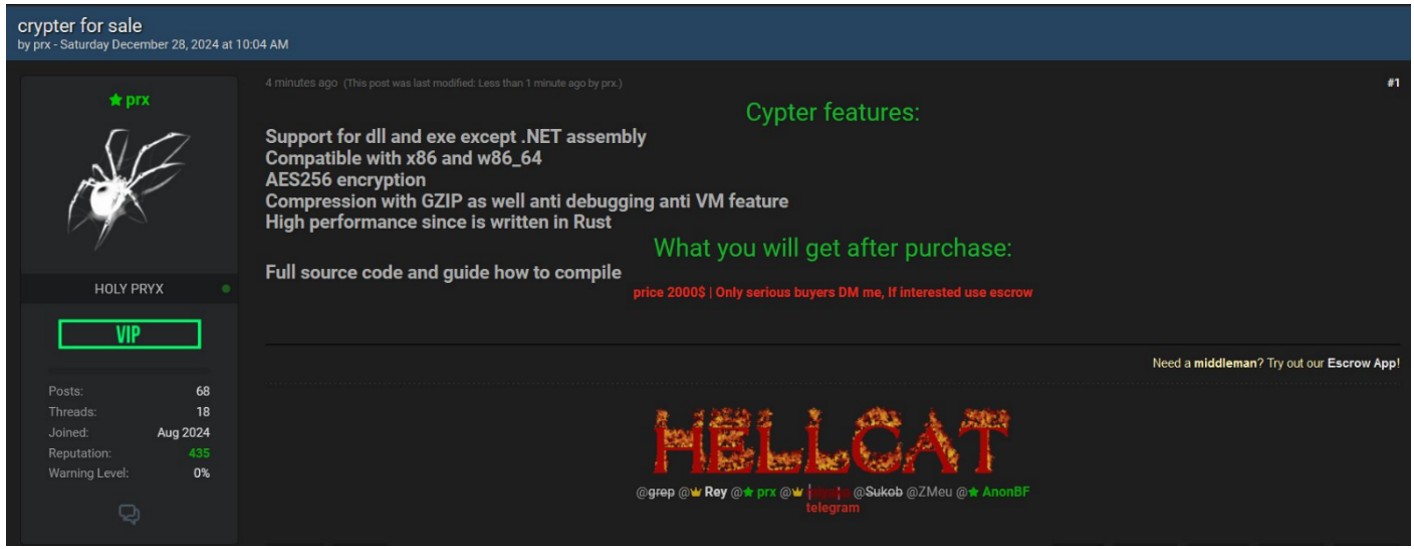 Figure 15: The Hellcat ransomware encryptor for sale on the DarkWeb.